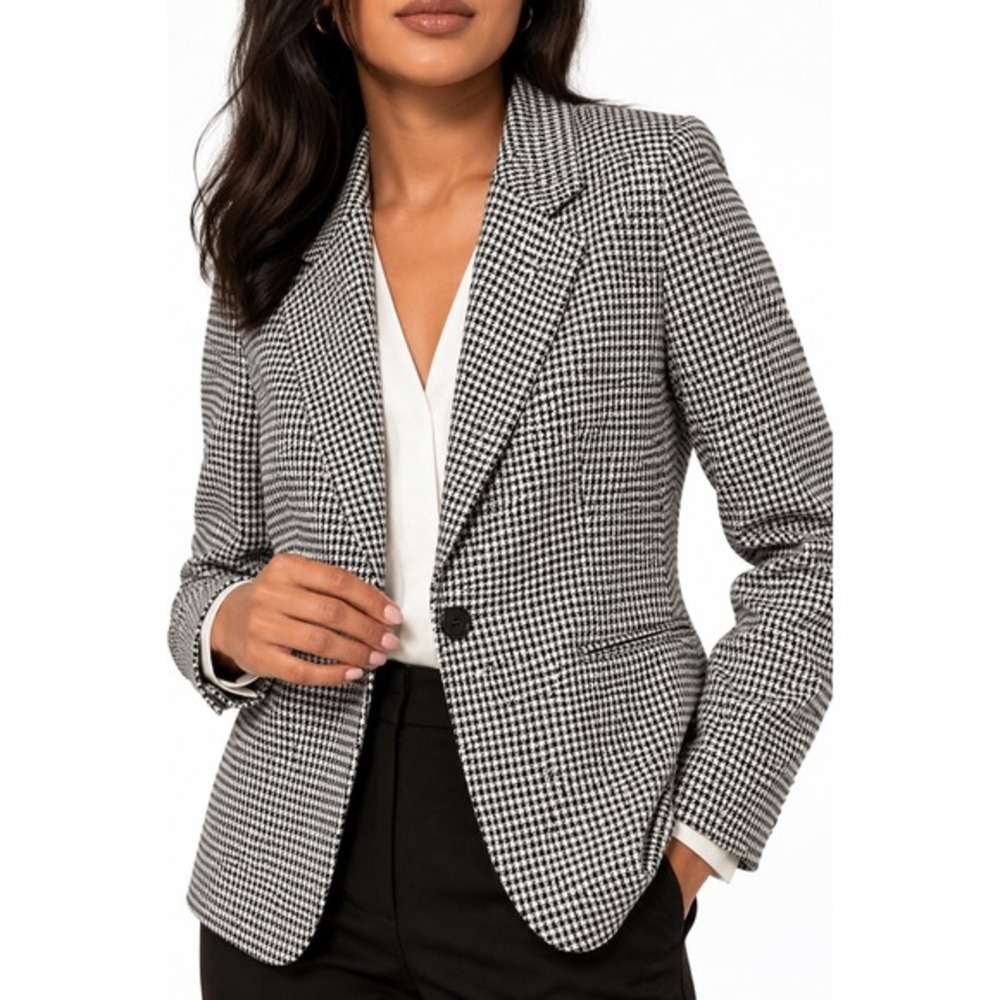H&M Houndstooth Blazer Black White Single Button Tailored Jacket 12 Career 68-32
